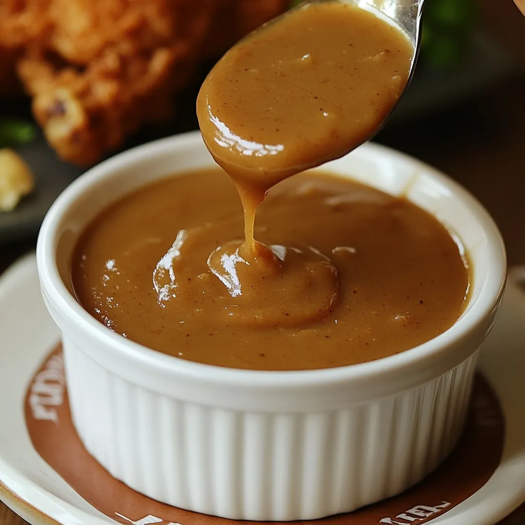 Homemade KFC-style brown gravy in a saucepan with a whisk