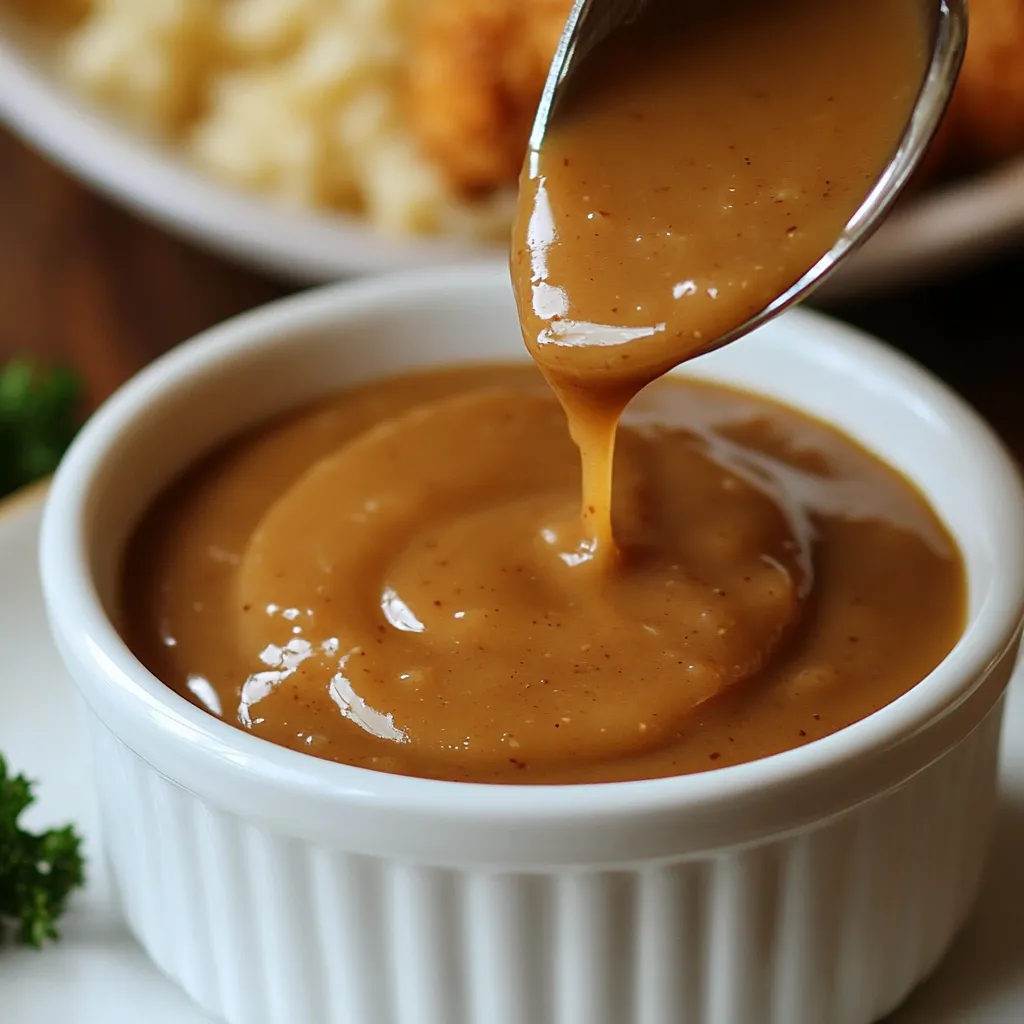 Homemade KFC-style brown gravy in a saucepan with a whisk