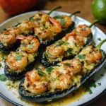 Shrimp stuffed poblano pepper with melted cheese and fresh lime