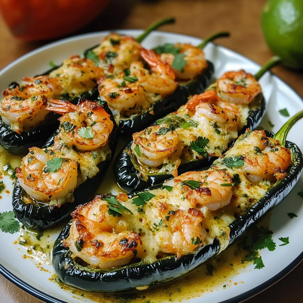 Shrimp stuffed poblano pepper with melted cheese and fresh lime