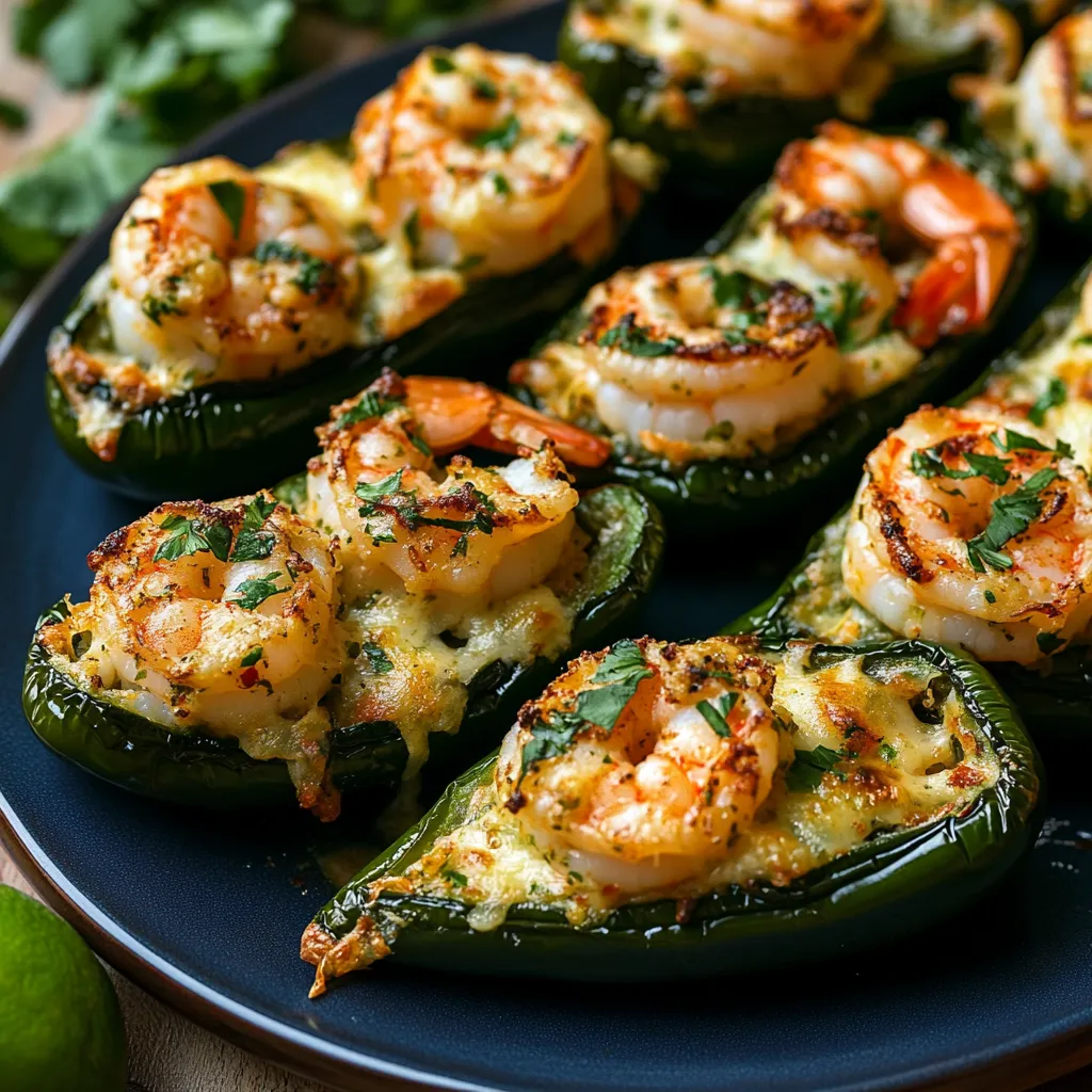 Shrimp stuffed poblano pepper with melted cheese and fresh lime