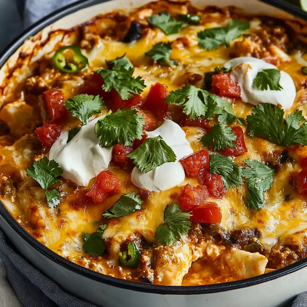 Creamy King Ranch Casserole fresh from the oven in a baking dish, topped with melted cheese and green garnish.