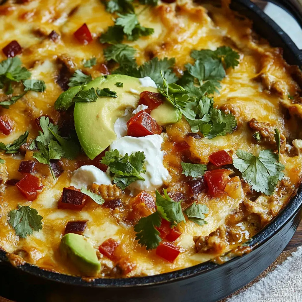Creamy King Ranch Casserole fresh from the oven in a baking dish, topped with melted cheese and green garnish.