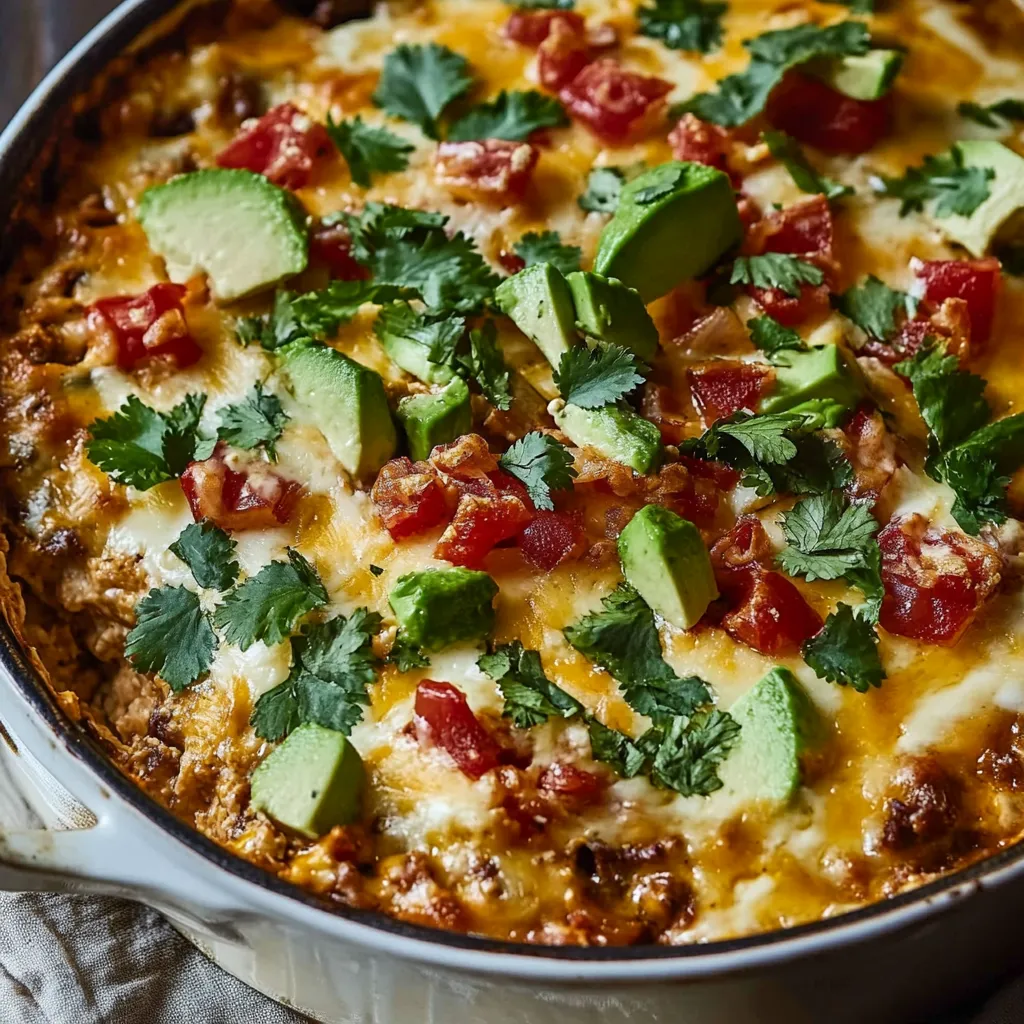 Creamy King Ranch Casserole fresh from the oven in a baking dish, topped with melted cheese and green garnish.