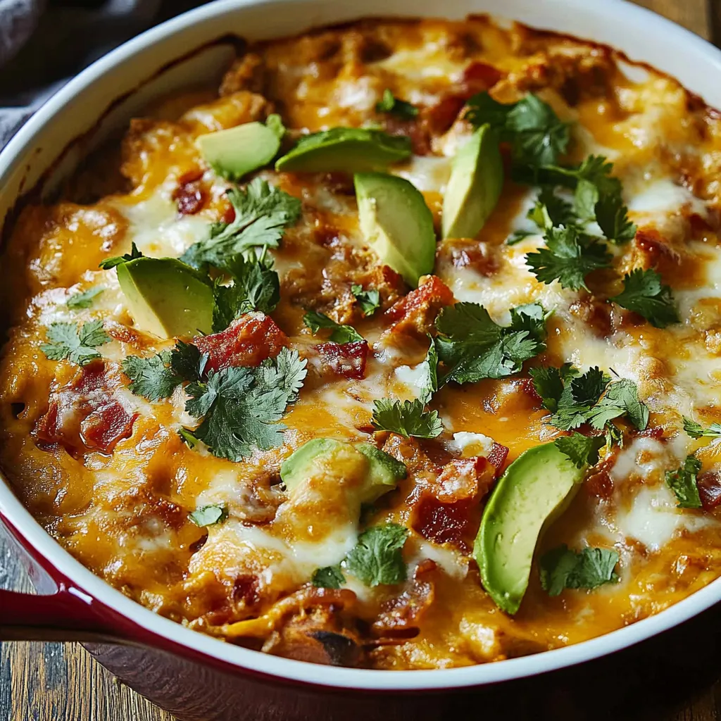 Creamy King Ranch Casserole fresh from the oven in a baking dish, topped with melted cheese and green garnish.