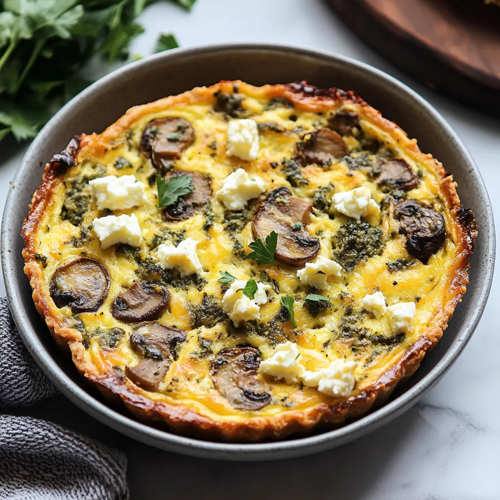 Crustless mushroom and feta quiche in a ceramic dish, golden-baked with fresh parsley on top