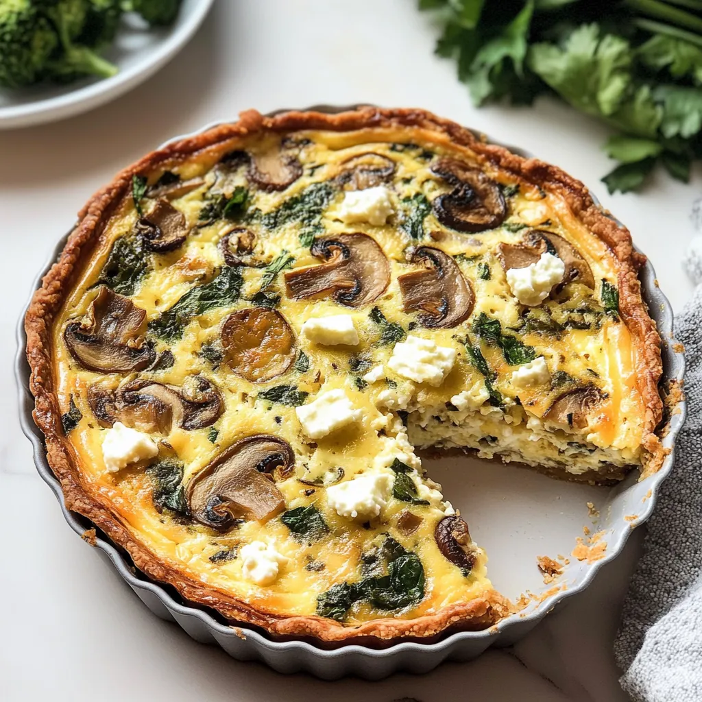 Crustless mushroom and feta quiche in a ceramic dish, golden-baked with fresh parsley on top