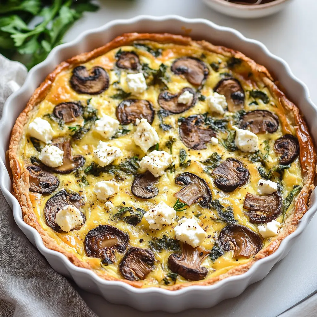 Crustless mushroom and feta quiche in a ceramic dish, golden-baked with fresh parsley on top