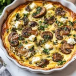 Crustless mushroom and feta quiche in a ceramic dish, golden-baked with fresh parsley on top