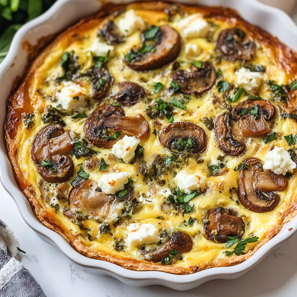 Crustless mushroom and feta quiche in a ceramic dish, golden-baked with fresh parsley on top
