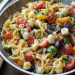 Colorful pasta salad with cherry tomatoes, cucumbers, olives, and cheddar cubes in a large serving bowl