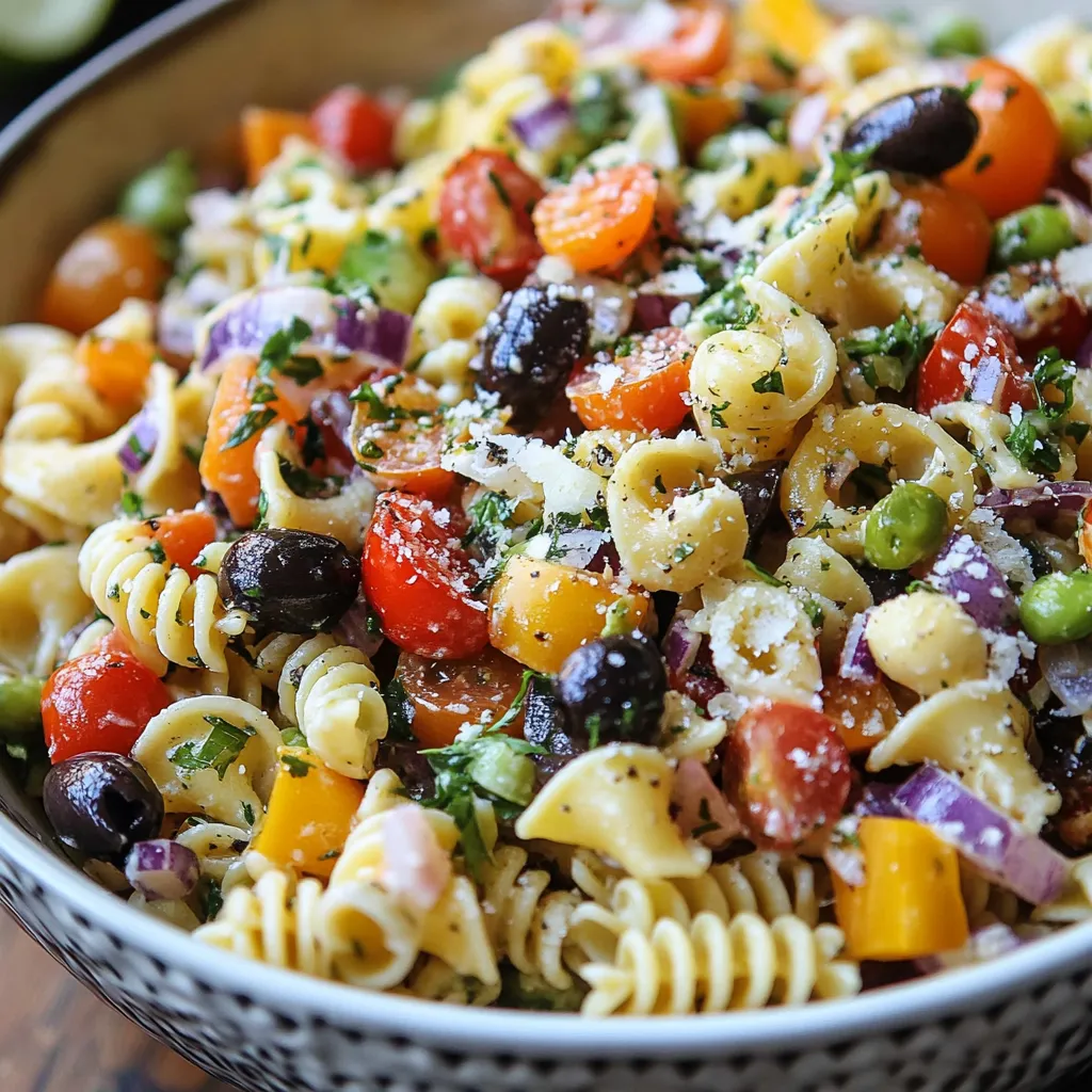 Colorful pasta salad with cherry tomatoes, cucumbers, olives, and cheddar cubes in a large serving bowl