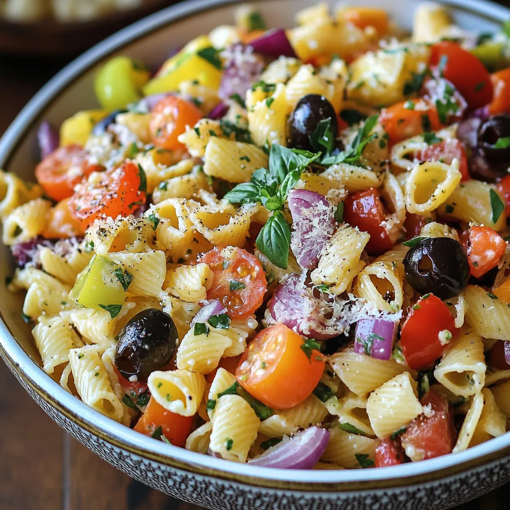 Colorful pasta salad with cherry tomatoes, cucumbers, olives, and cheddar cubes in a large serving bowl