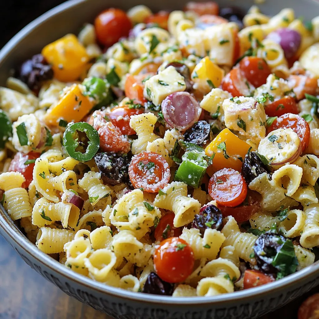 Colorful pasta salad with cherry tomatoes, cucumbers, olives, and cheddar cubes in a large serving bowl