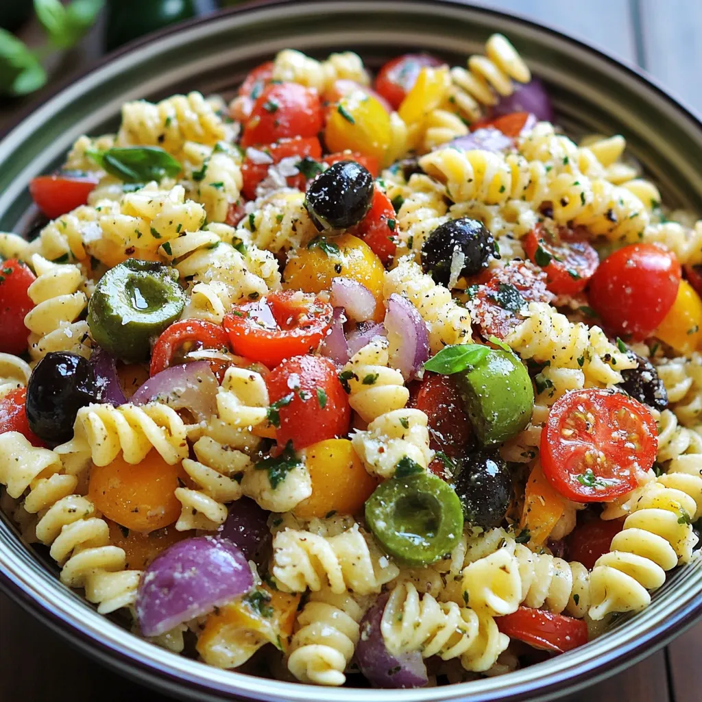 A bowl of colorful pasta salad filled with cherry tomatoes, cucumber, olives, and cubes of cheese—perfect for summer parties.