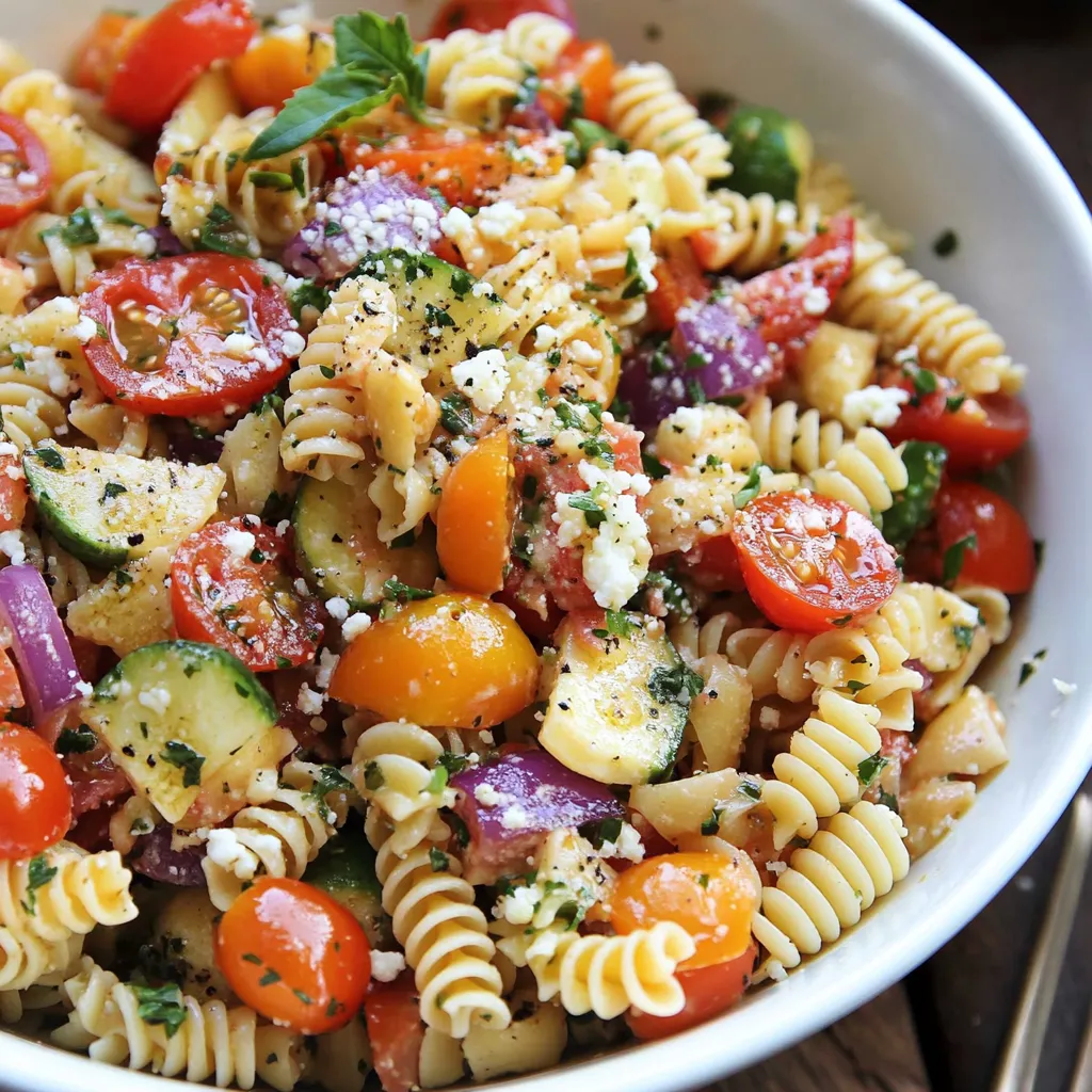 A bowl of colorful pasta salad filled with cherry tomatoes, cucumber, olives, and cubes of cheese—perfect for summer parties.