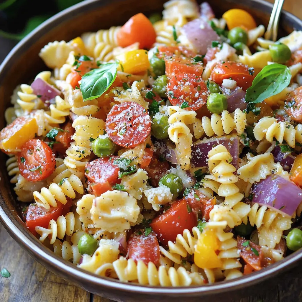 A bowl of colorful pasta salad filled with cherry tomatoes, cucumber, olives, and cubes of cheese—perfect for summer parties.