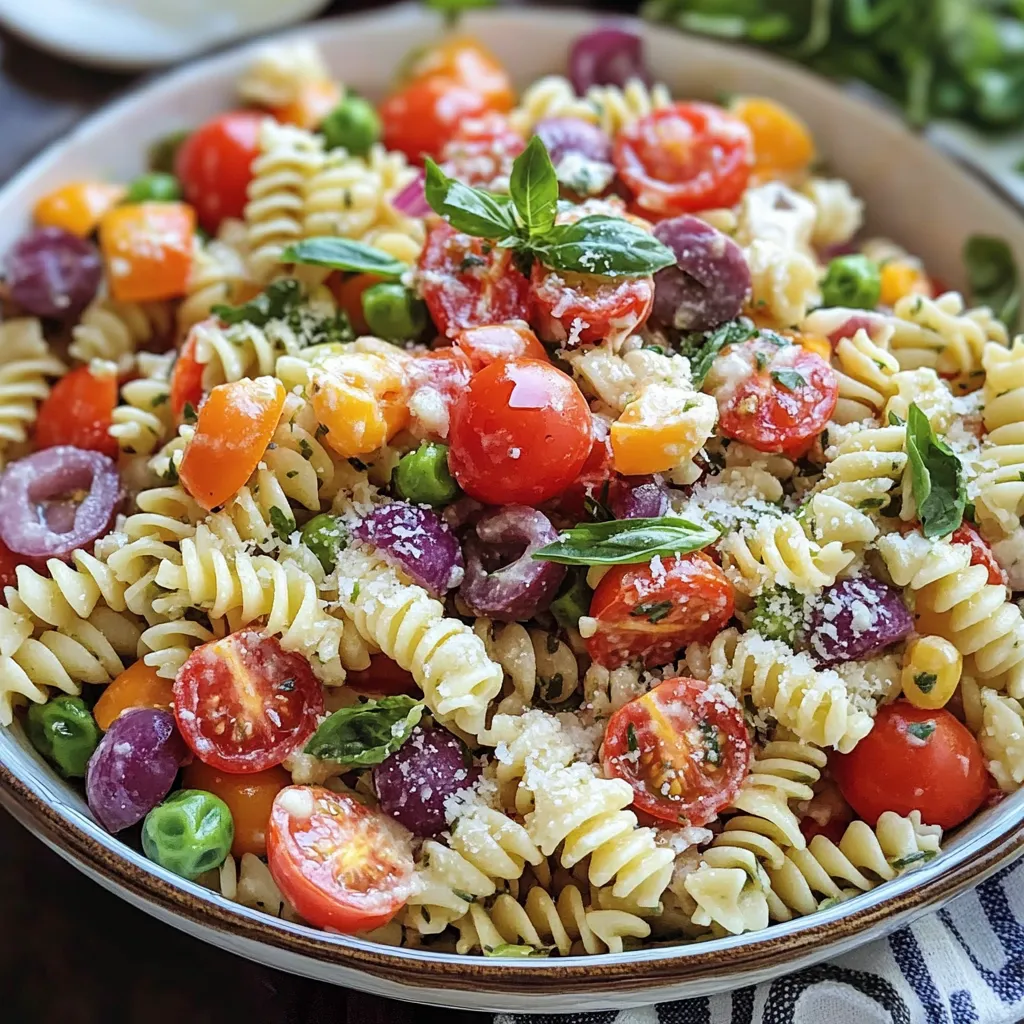 A bowl of colorful pasta salad filled with cherry tomatoes, cucumber, olives, and cubes of cheese—perfect for summer parties.
