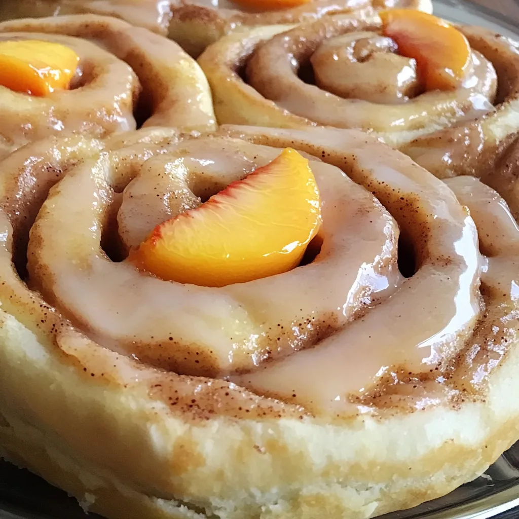 Peach Pie Cinnamon Rolls fresh out of the oven with creamy glaze dripping down the sides in a baking dish.