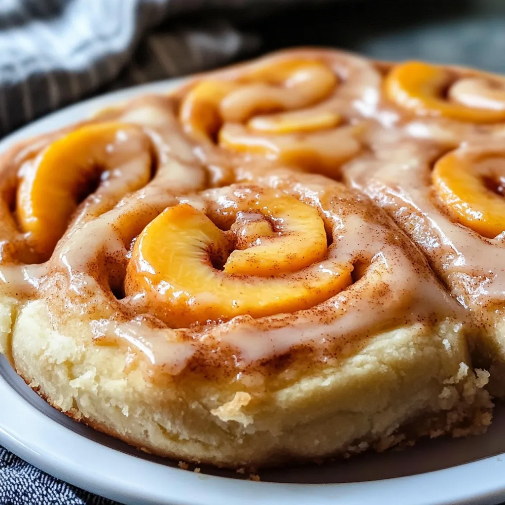 Peach Pie Cinnamon Rolls fresh out of the oven with creamy glaze dripping down the sides in a baking dish.