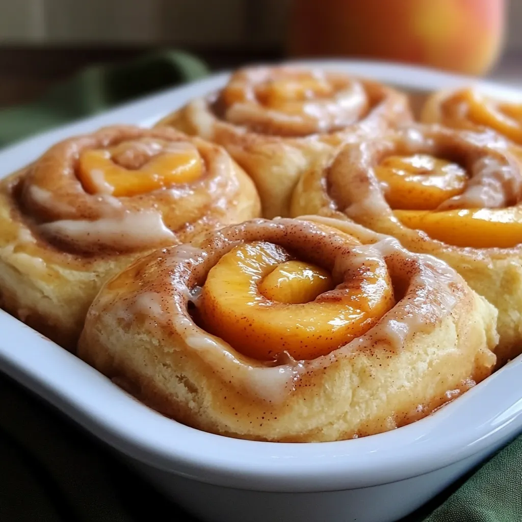 Peach Pie Cinnamon Rolls fresh out of the oven with creamy glaze dripping down the sides in a baking dish.
