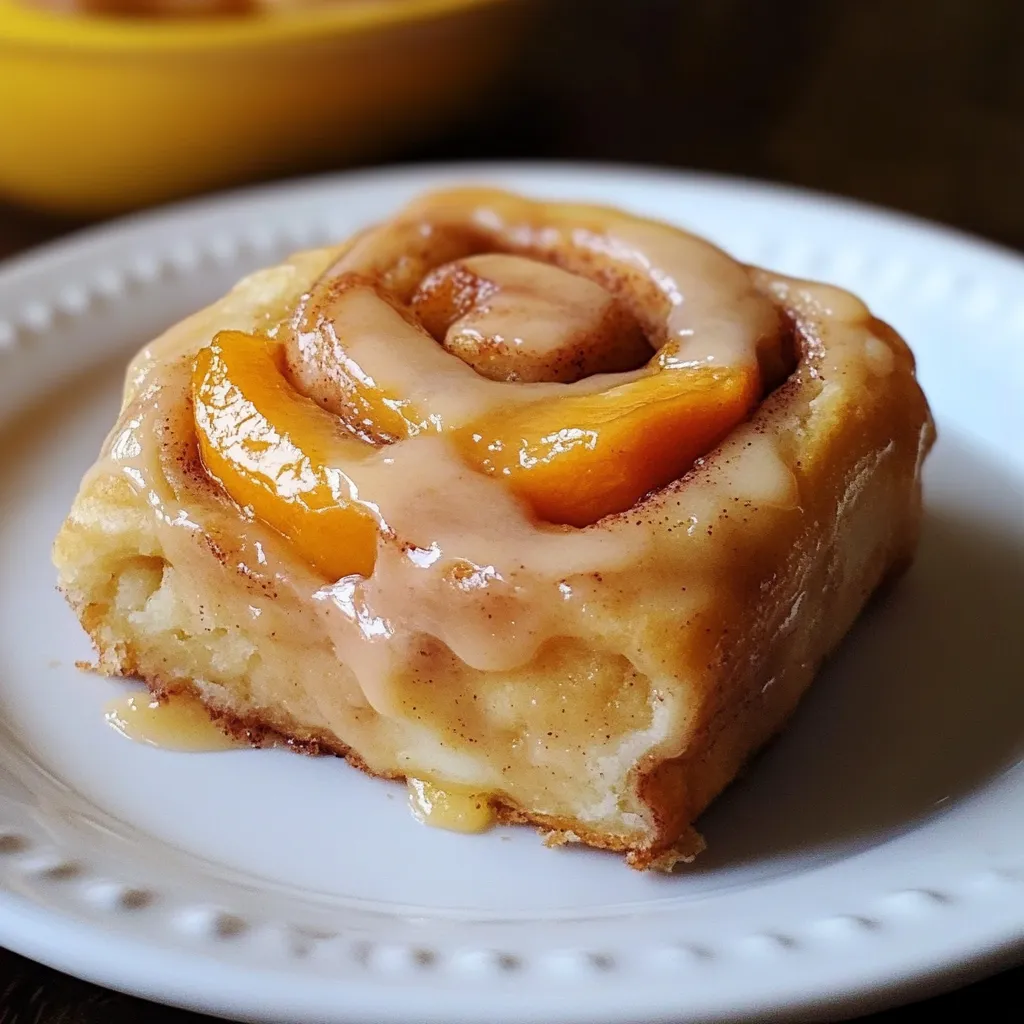 Peach Pie Cinnamon Rolls fresh out of the oven with creamy glaze dripping down the sides in a baking dish.