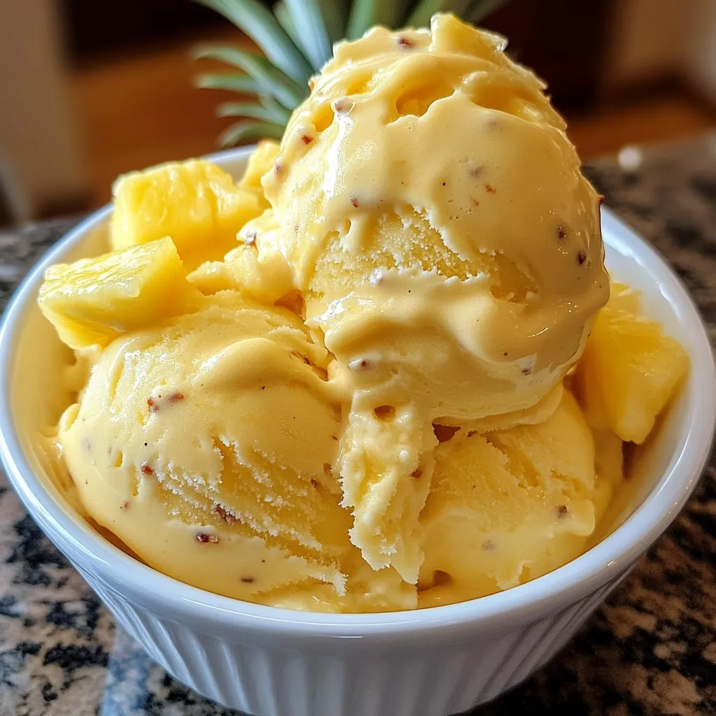 A scoop of homemade pineapple ice cream in a bowl, topped with toasted coconut and mint.