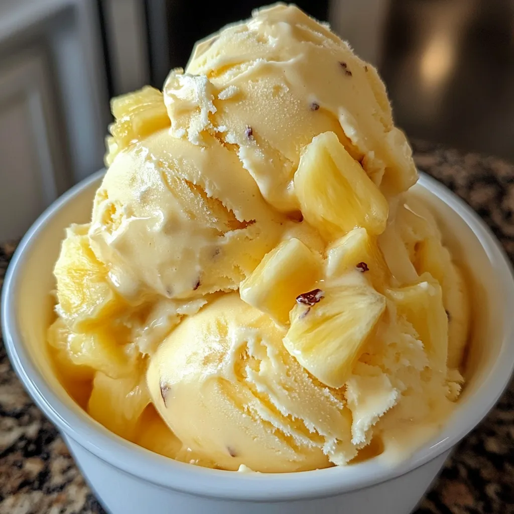 A scoop of homemade pineapple ice cream in a bowl, topped with toasted coconut and mint.