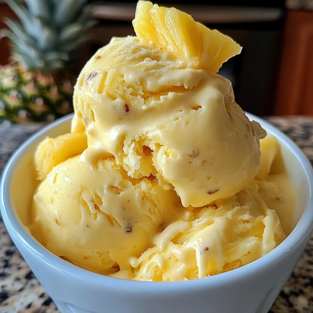 A scoop of homemade pineapple ice cream in a bowl, topped with toasted coconut and mint.
