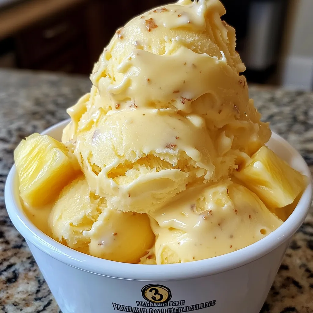 A scoop of homemade pineapple ice cream in a bowl, topped with toasted coconut and mint.