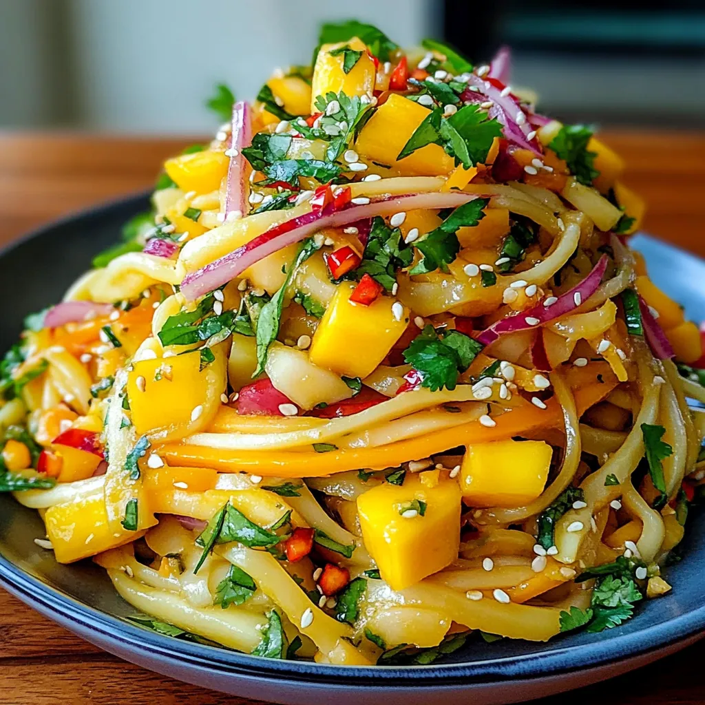 Fresh Thai mango salad with cilantro, bell pepper, and chili in a bowl