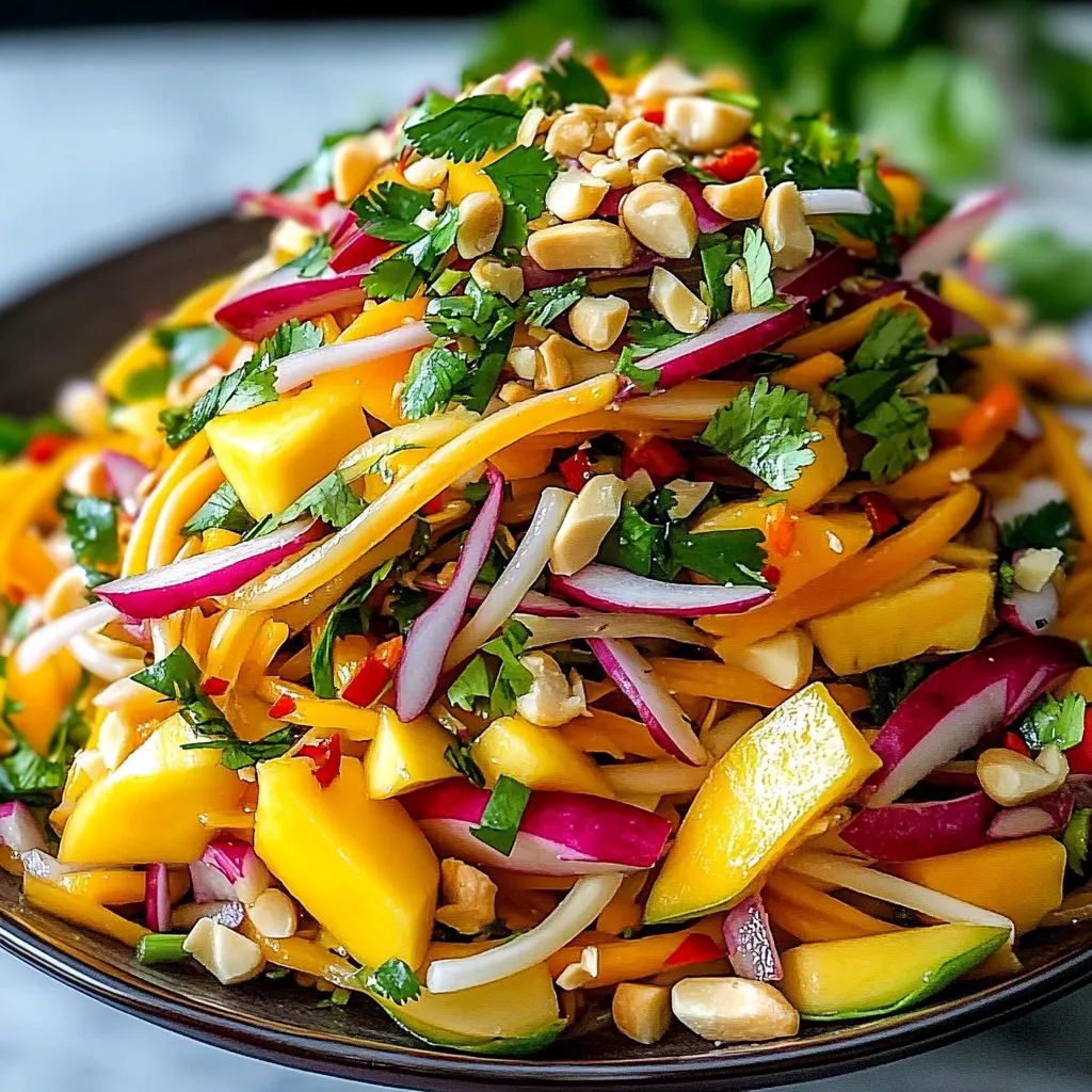 Fresh Thai mango salad with cilantro, bell pepper, and chili in a bowl