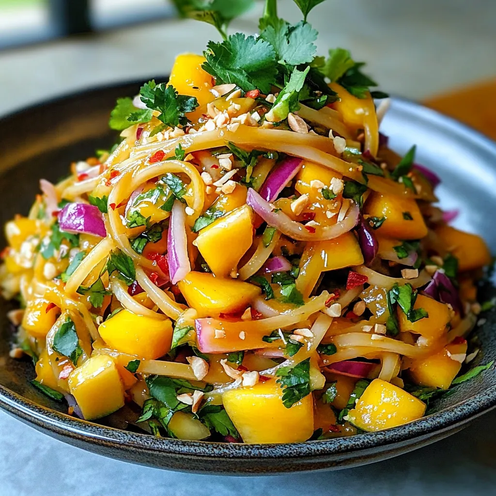 Fresh Thai mango salad with cilantro, bell pepper, and chili in a bowl