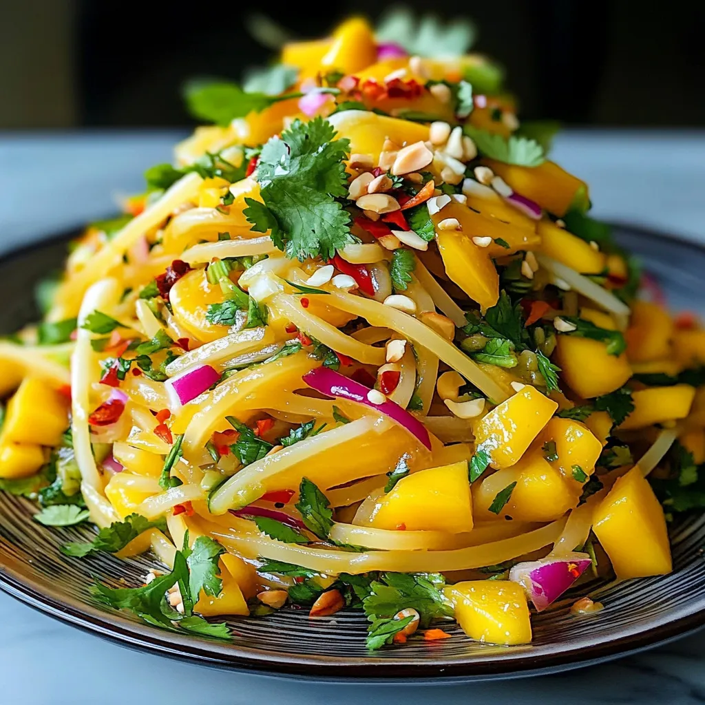 Fresh Thai mango salad with cilantro, bell pepper, and chili in a bowl