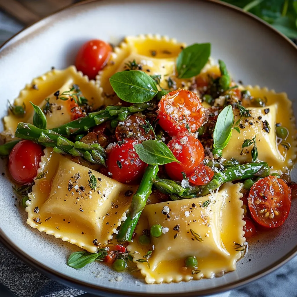 Fresh ravioli tossed with tomatoes, asparagus, garlic, and herbs in a skillet.