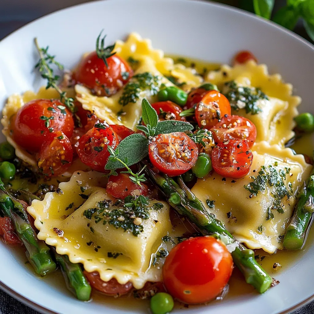Fresh ravioli tossed with tomatoes, asparagus, garlic, and herbs in a skillet.