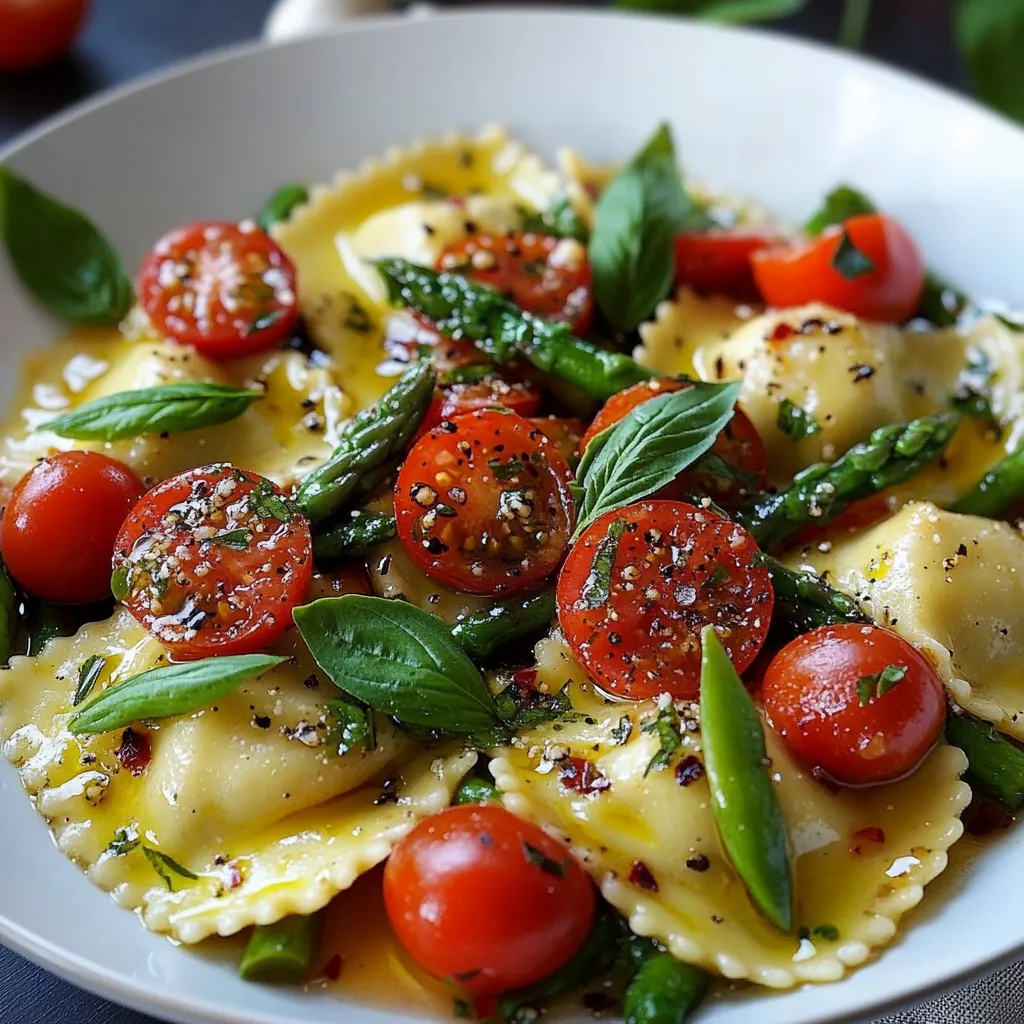 Fresh ravioli tossed with tomatoes, asparagus, garlic, and herbs in a skillet.