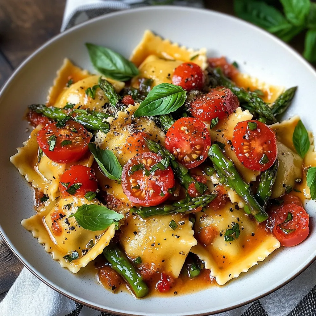 Fresh ravioli tossed with tomatoes, asparagus, garlic, and herbs in a skillet.