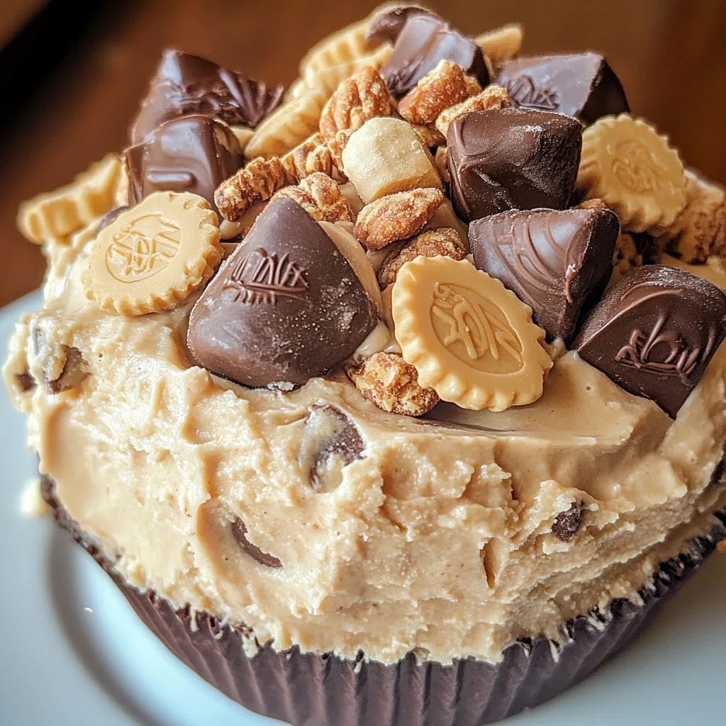 Creamy Reese’s Peanut Butter Fluff dessert topped with chopped Reese’s cups and served with pretzels.
