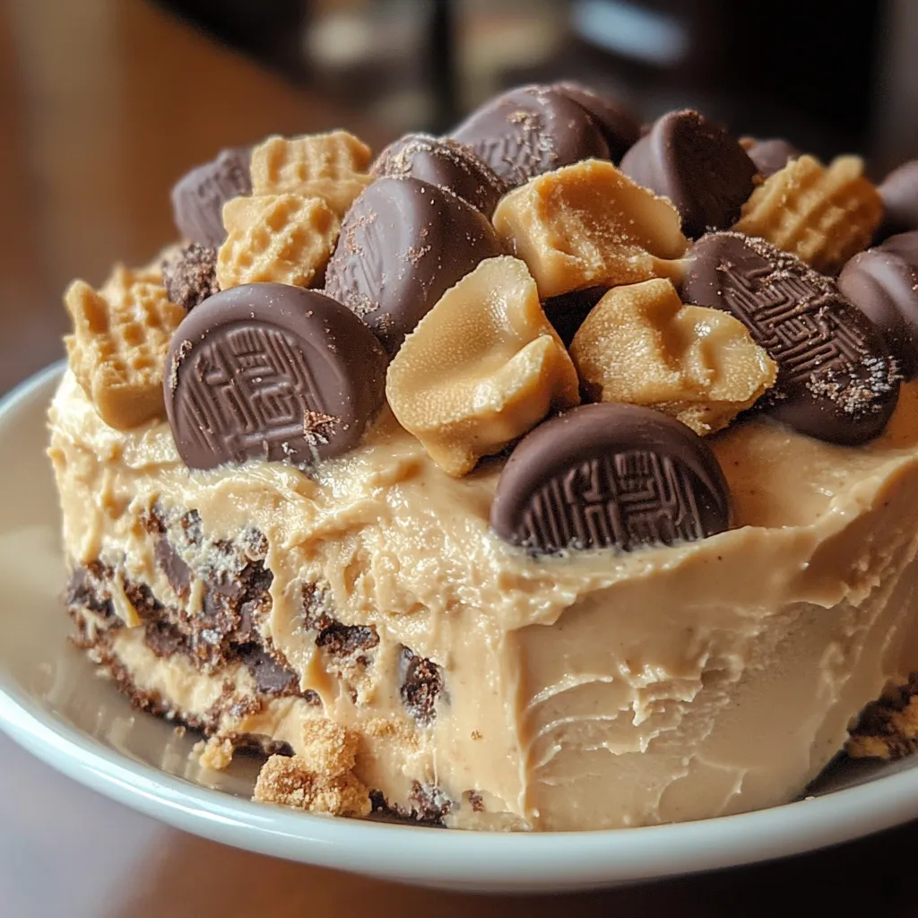Creamy Reese’s Peanut Butter Fluff dessert topped with chopped Reese’s cups and served with pretzels.