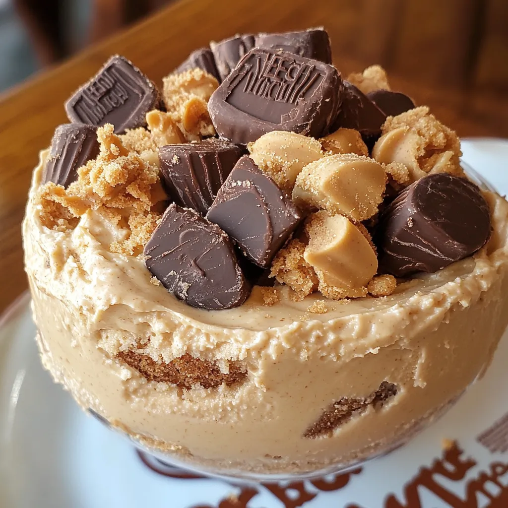 Creamy Reese’s Peanut Butter Fluff dessert topped with chopped Reese’s cups and served with pretzels.