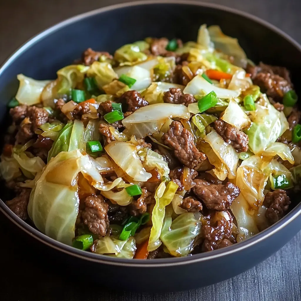Savory low-carb cabbage and beef stir fry served in a skillet with green onions and sesame seeds on top.