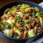 Savory low-carb cabbage and beef stir fry served in a skillet with green onions and sesame seeds on top.