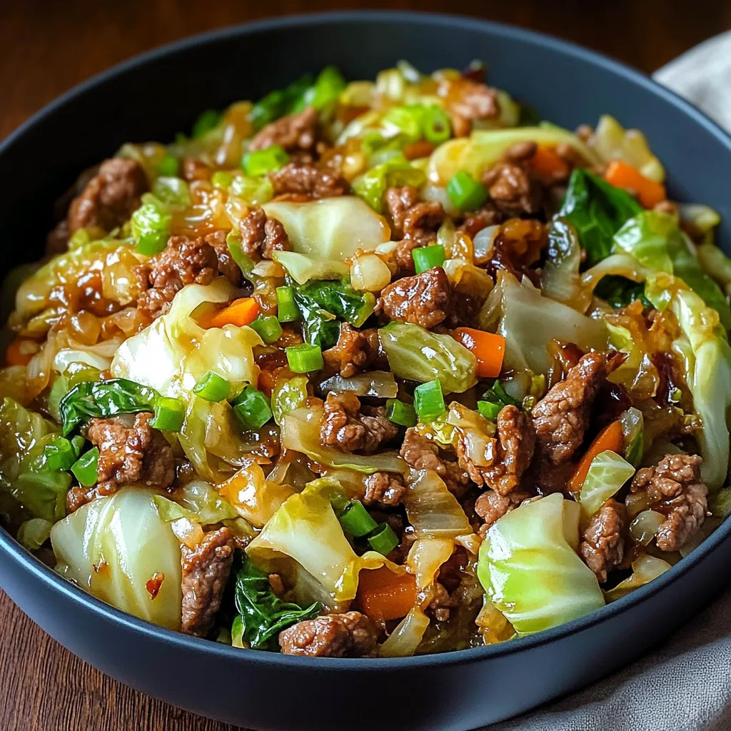 Savory low-carb cabbage and beef stir fry served in a skillet with green onions and sesame seeds on top.