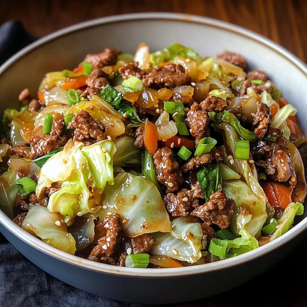 Savory low-carb cabbage and beef stir fry served in a skillet with green onions and sesame seeds on top.