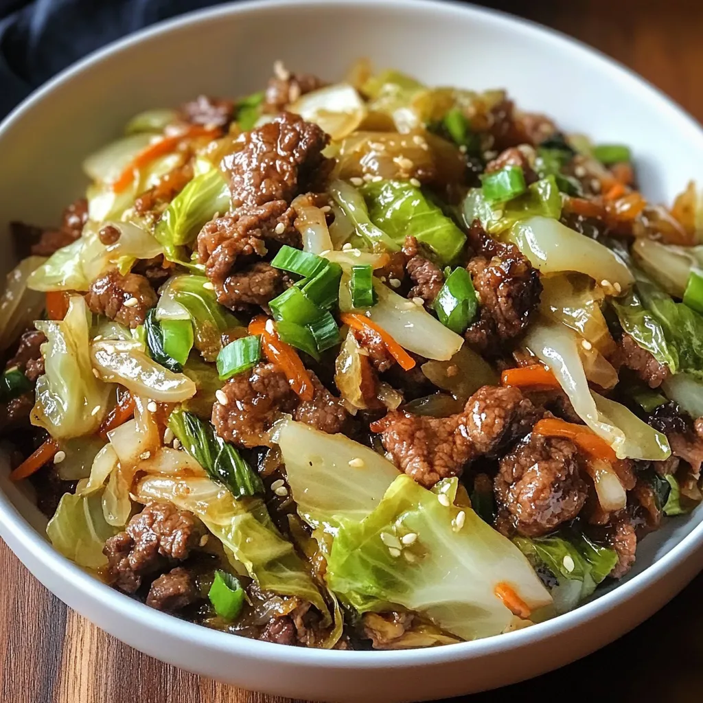 Savory low-carb cabbage and beef stir fry served in a skillet with green onions and sesame seeds on top.