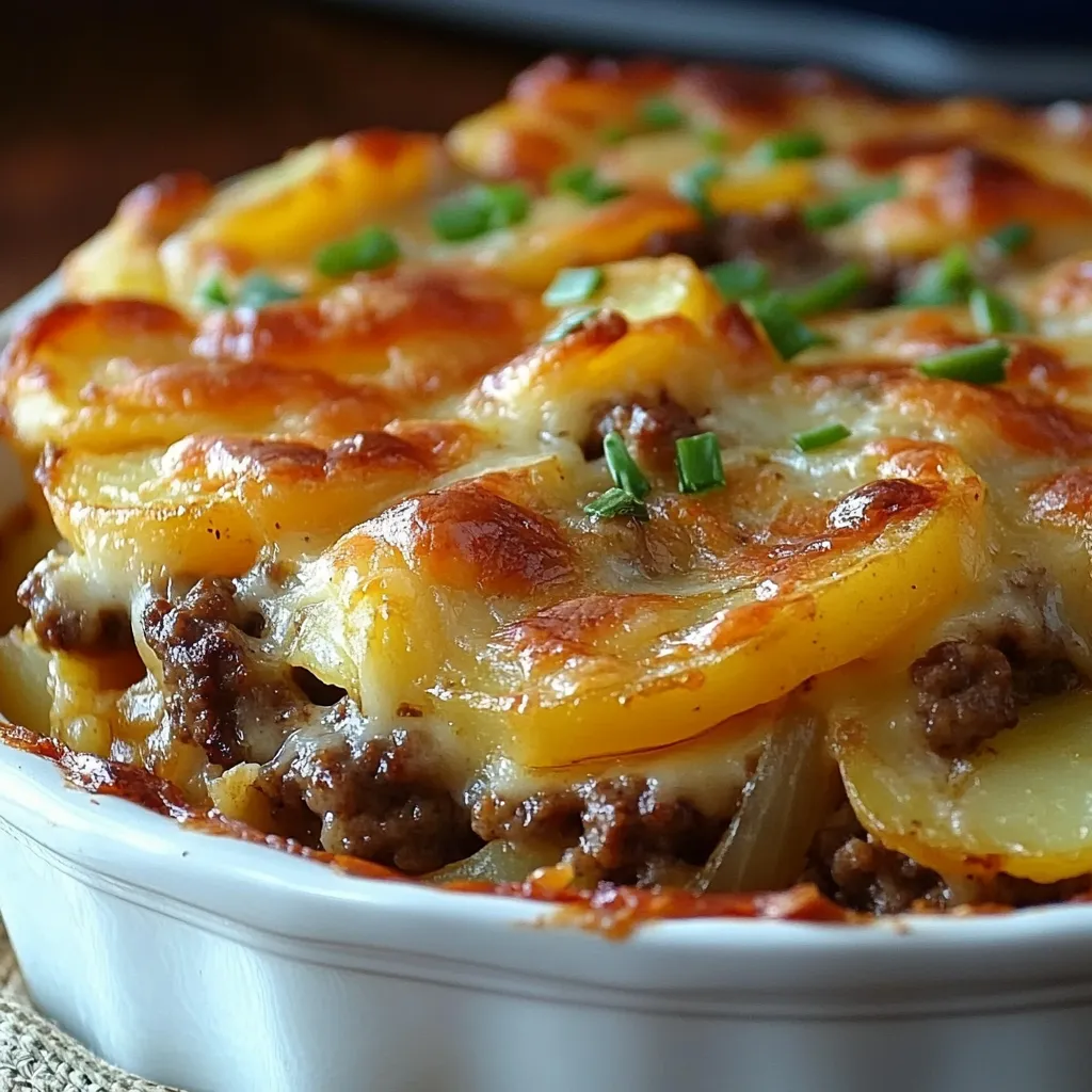 Southern Hamburger and Potato Casserole served in a rustic dish with melted cheese and paprika on top.