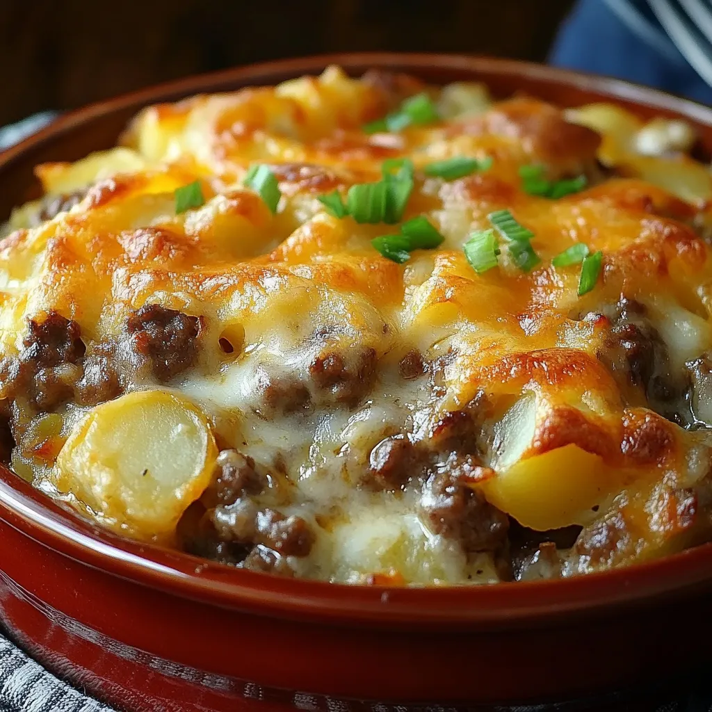 Southern Hamburger and Potato Casserole served in a rustic dish with melted cheese and paprika on top.