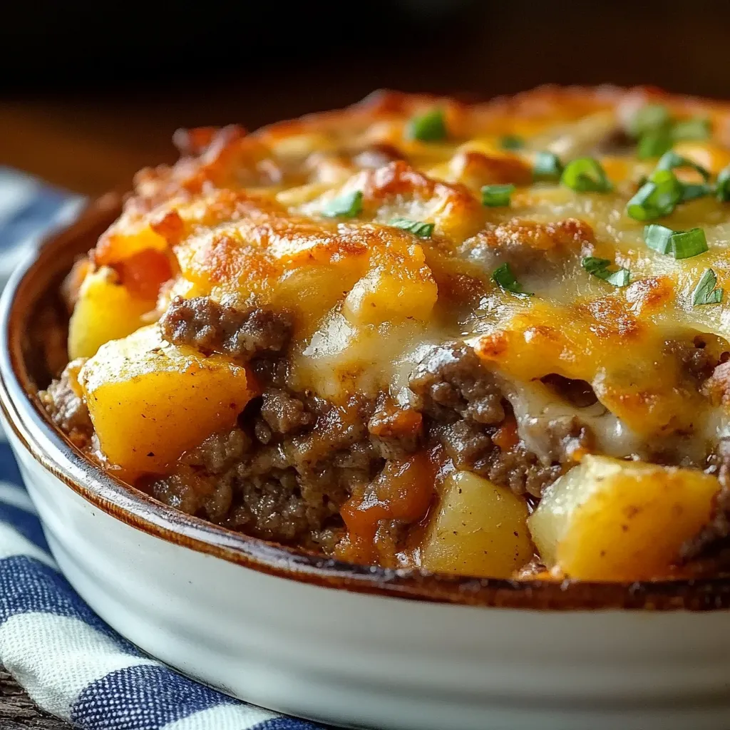 Southern Hamburger and Potato Casserole served in a rustic dish with melted cheese and paprika on top.