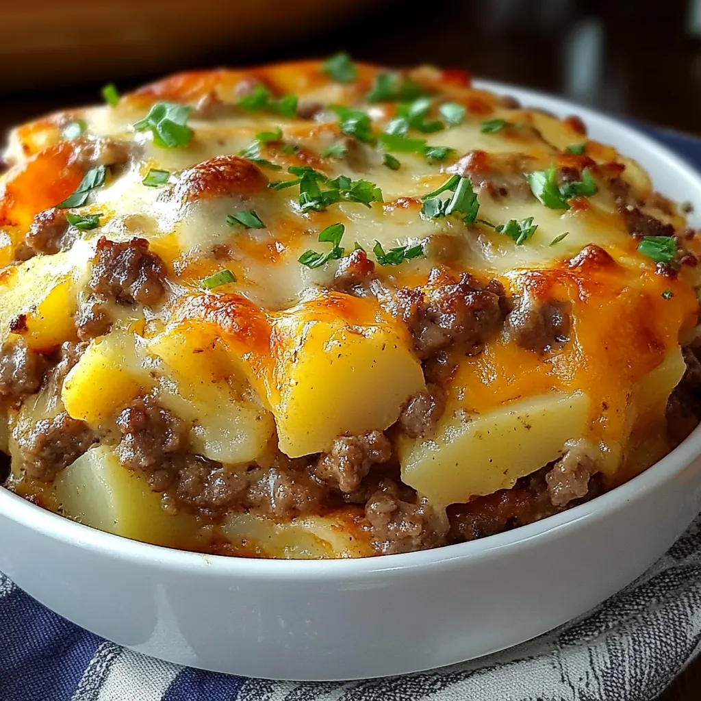 Southern Hamburger and Potato Casserole served in a rustic dish with melted cheese and paprika on top.